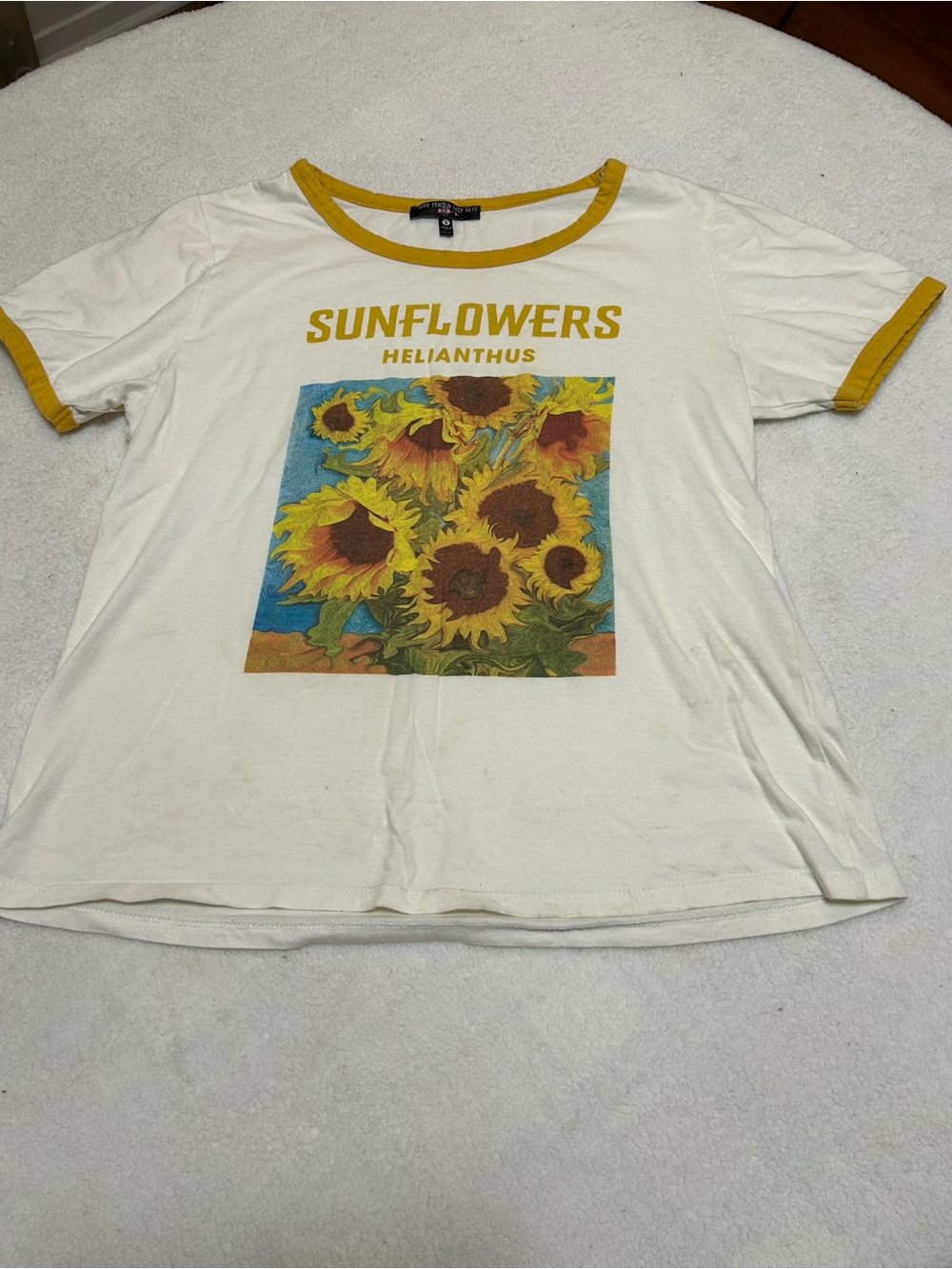 Source Unknown White Ringer Tee with Yellow Trim and Sunflower Graphic
